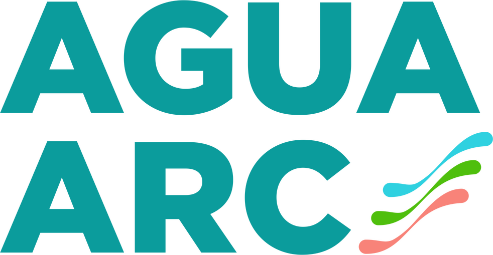 A logo, which states Agua Arc in turquoise and has three small waves - one in blue, one in green, and one in coral.