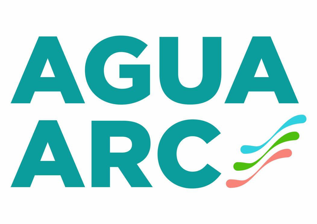 A logo, which states Agua Arc in turquoise and has three small waves - one in blue, one in green, and one in coral.
